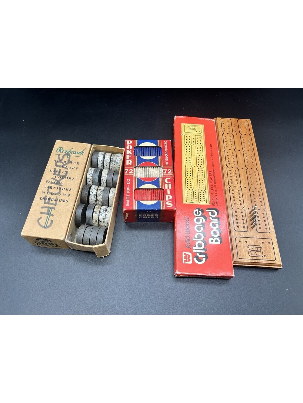 Lot Of 3 Vintage Board Games Cribbage Board 72 Poker Chips Marble Stone Checkers